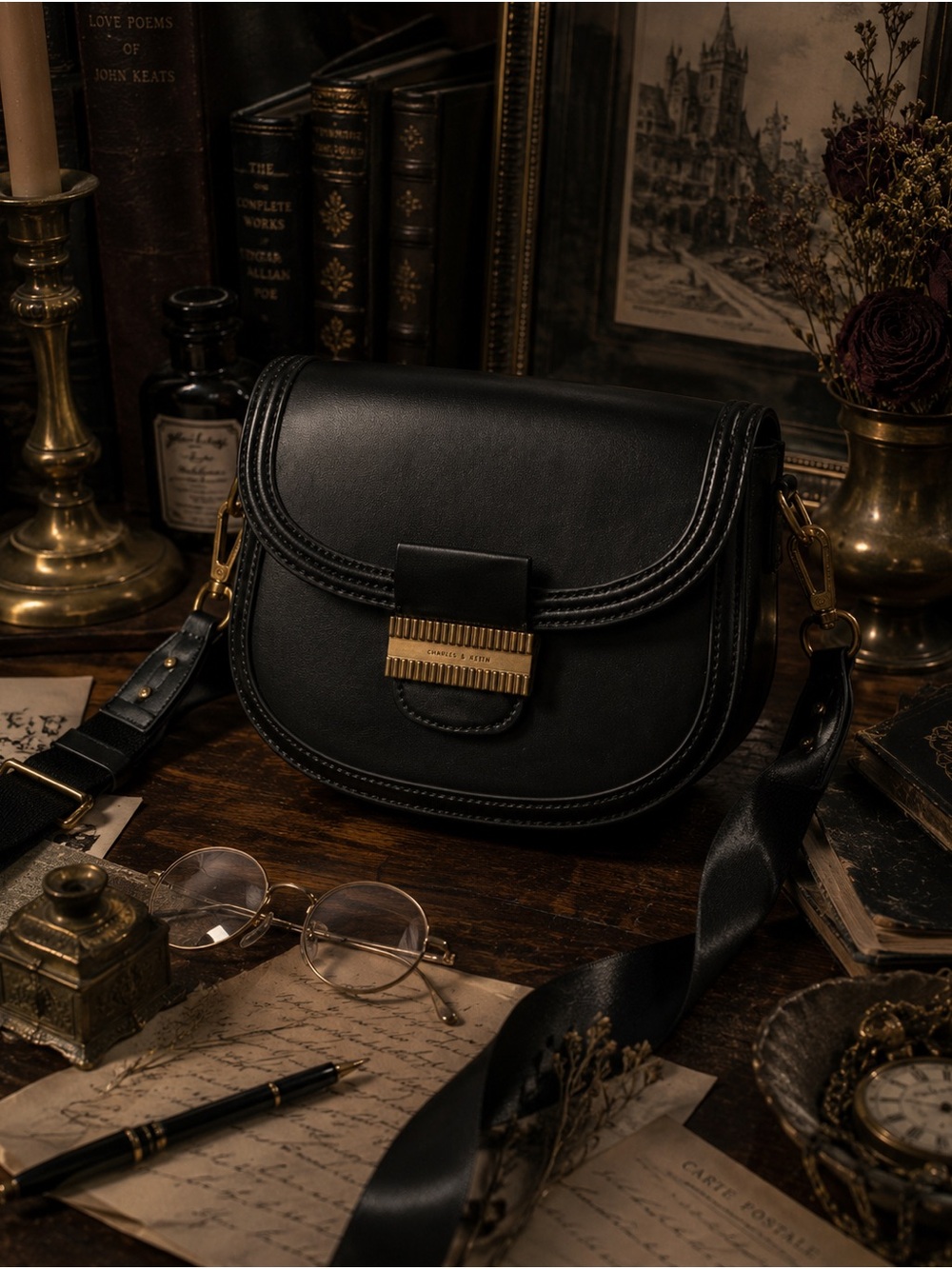 Charles & Keith Black Saddle Crossbody with Gold Accent